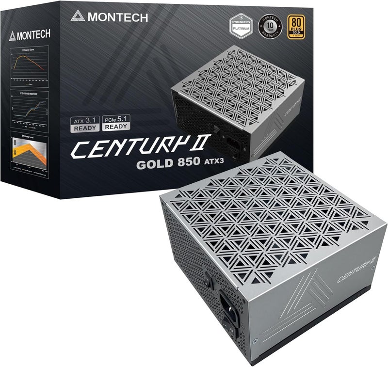 MONTECH Century II - 850W High-End ATX Gaming Power Supply - 80 Plus Gold & Cybenetics Platinum - Fully Modular - ATX 3.1 & PCIe 5.1 Ready with 12V-2x6 Cable - 10 Years Warranty - Image 1